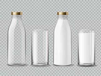 乳制品 i>饮 /i> i>料 /i>产品分离矢量样机牛奶瓶和 i>玻 /i> i>璃